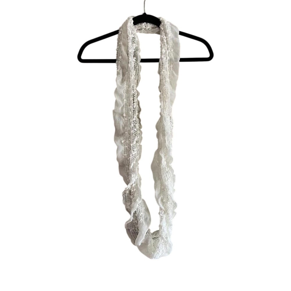 White Lace Infinity Scarf Ruffle Trim Pom Pom Textured Sheer Boho Romantic Loop